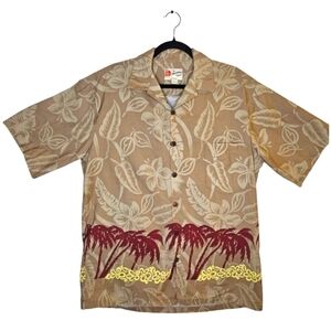 Hilo Hatties Original Hawaiian Shirt Brown Burgundy Palm Trees  Sz L